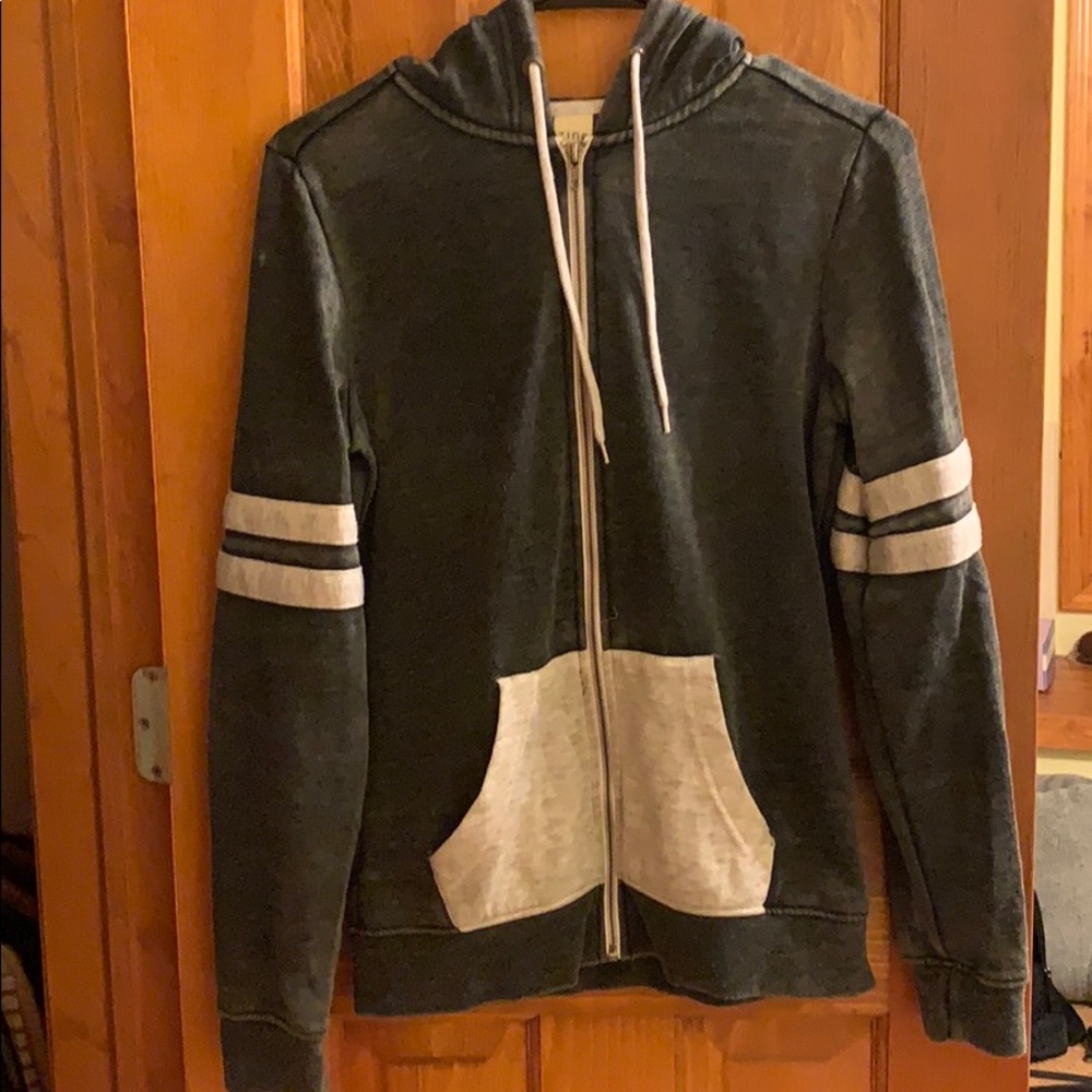 Grey and white varsity stripe zip-up hoodie